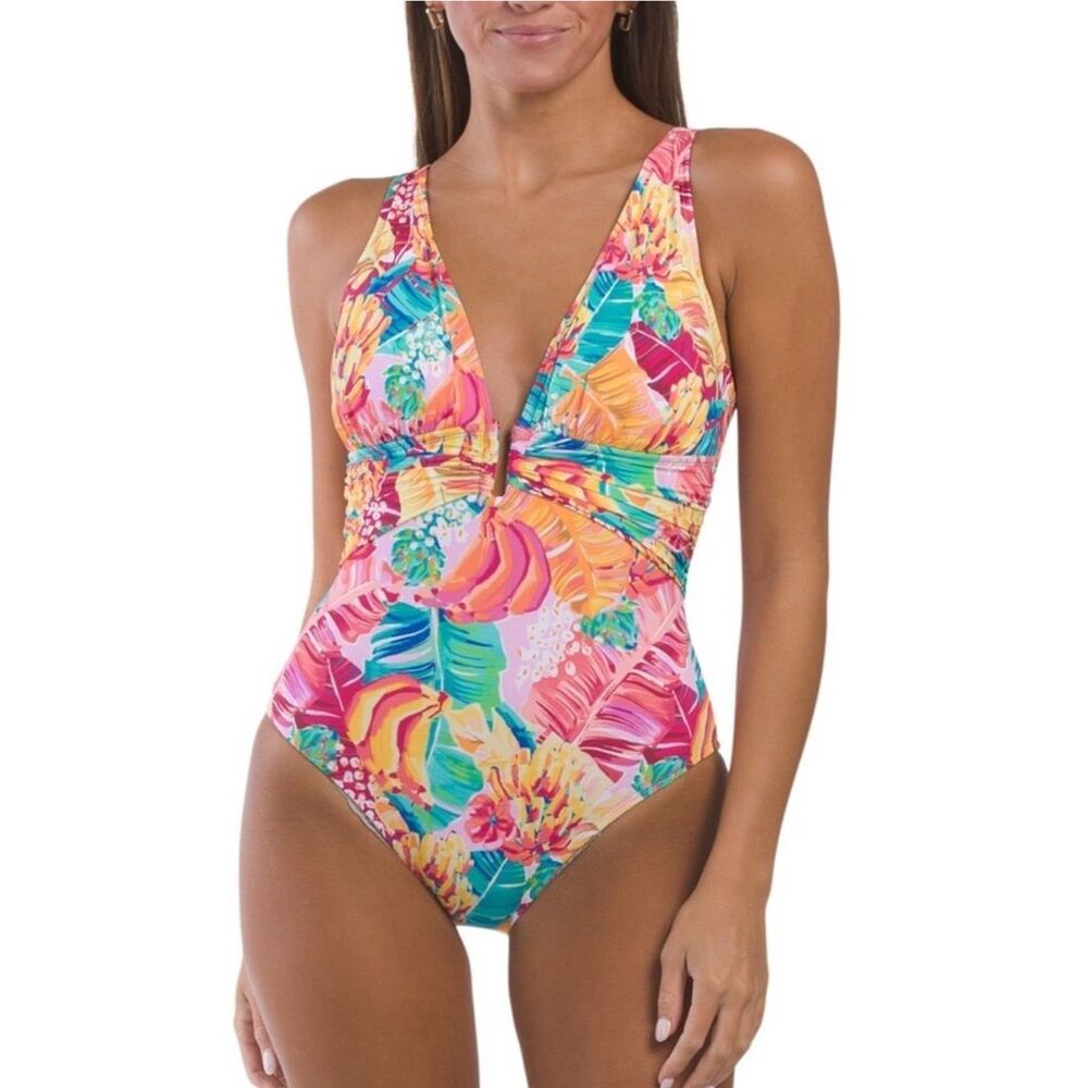 Bleu Rod Beattie Tropical Deep-V One-Piece Swimsuit NWT Ruched Waist | Size 14